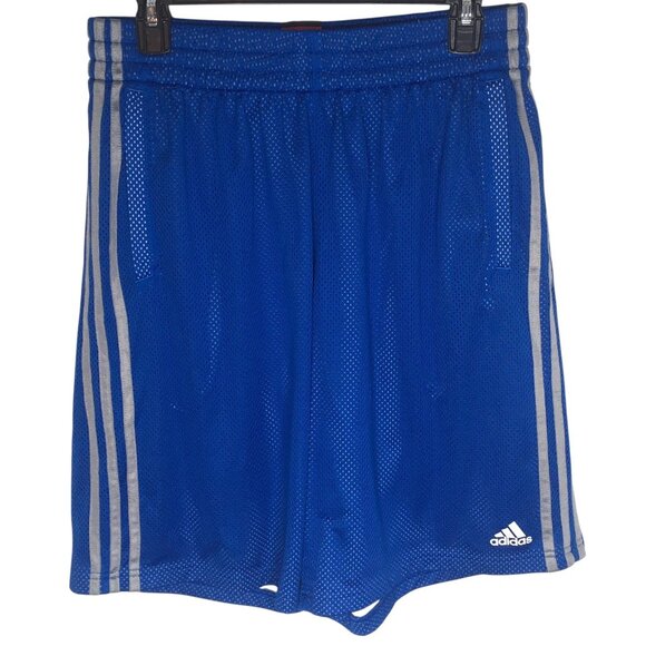 Adidas Shorts Mens Large Blue Basketball 3 Stripes Mesh Pockets Elastic Waist - Picture 1 of 16